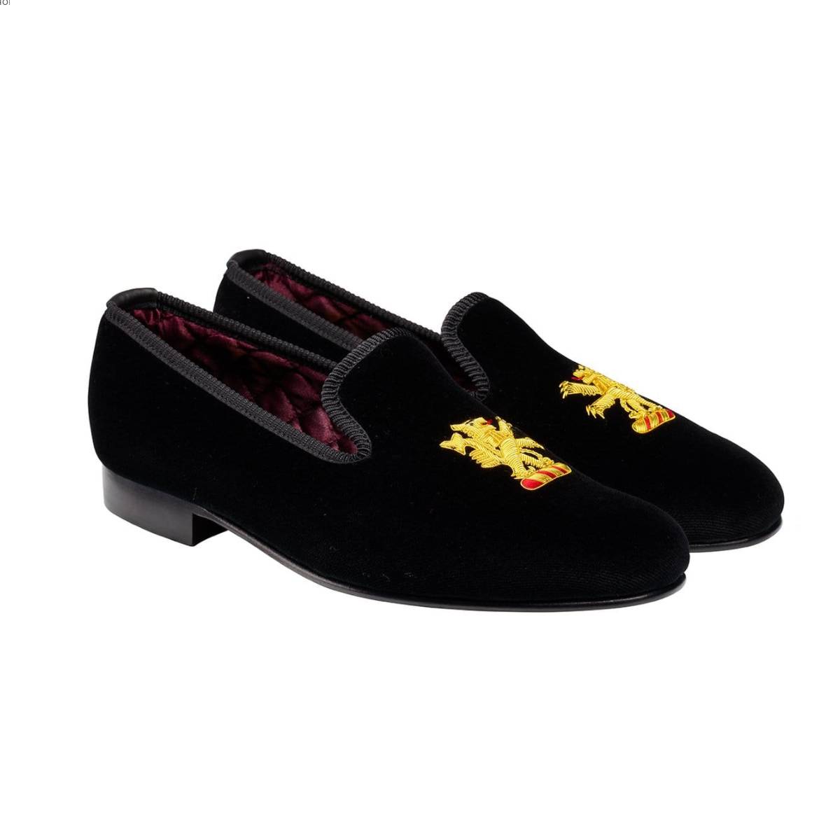 Crockett Jones Albert slippers Lion Rampant Black Velvet